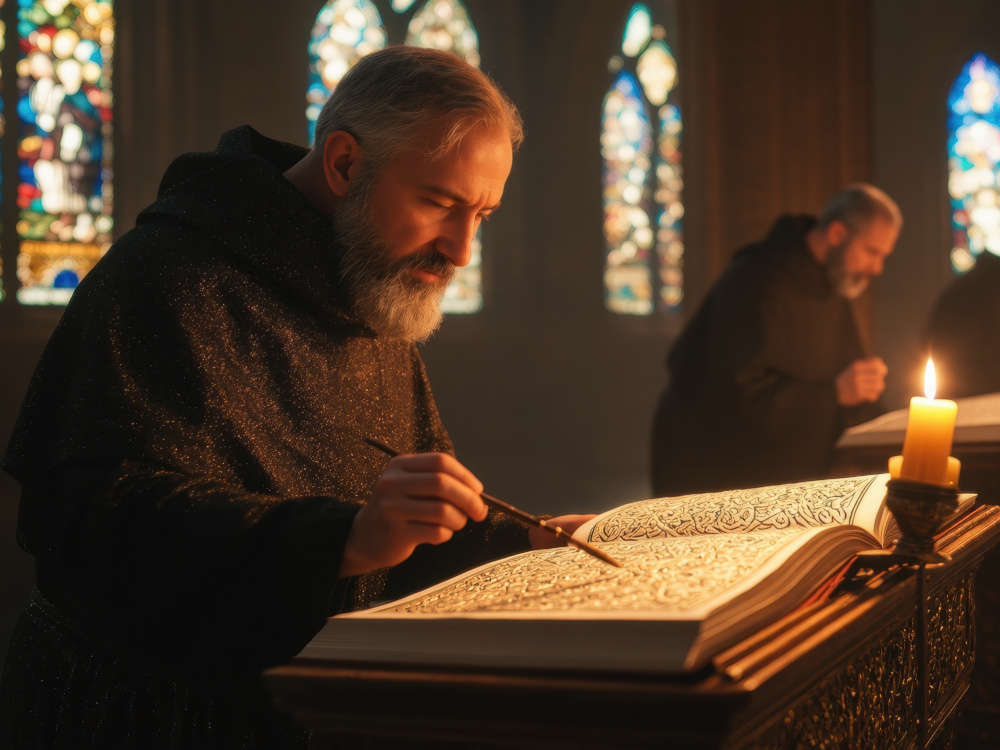 illustration of a monk at work in church.