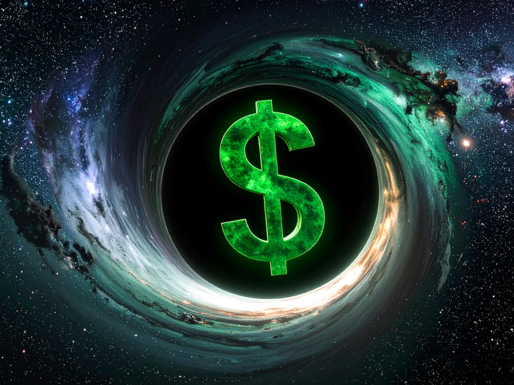 Illustration of a dollar sign being pulled into a black hole