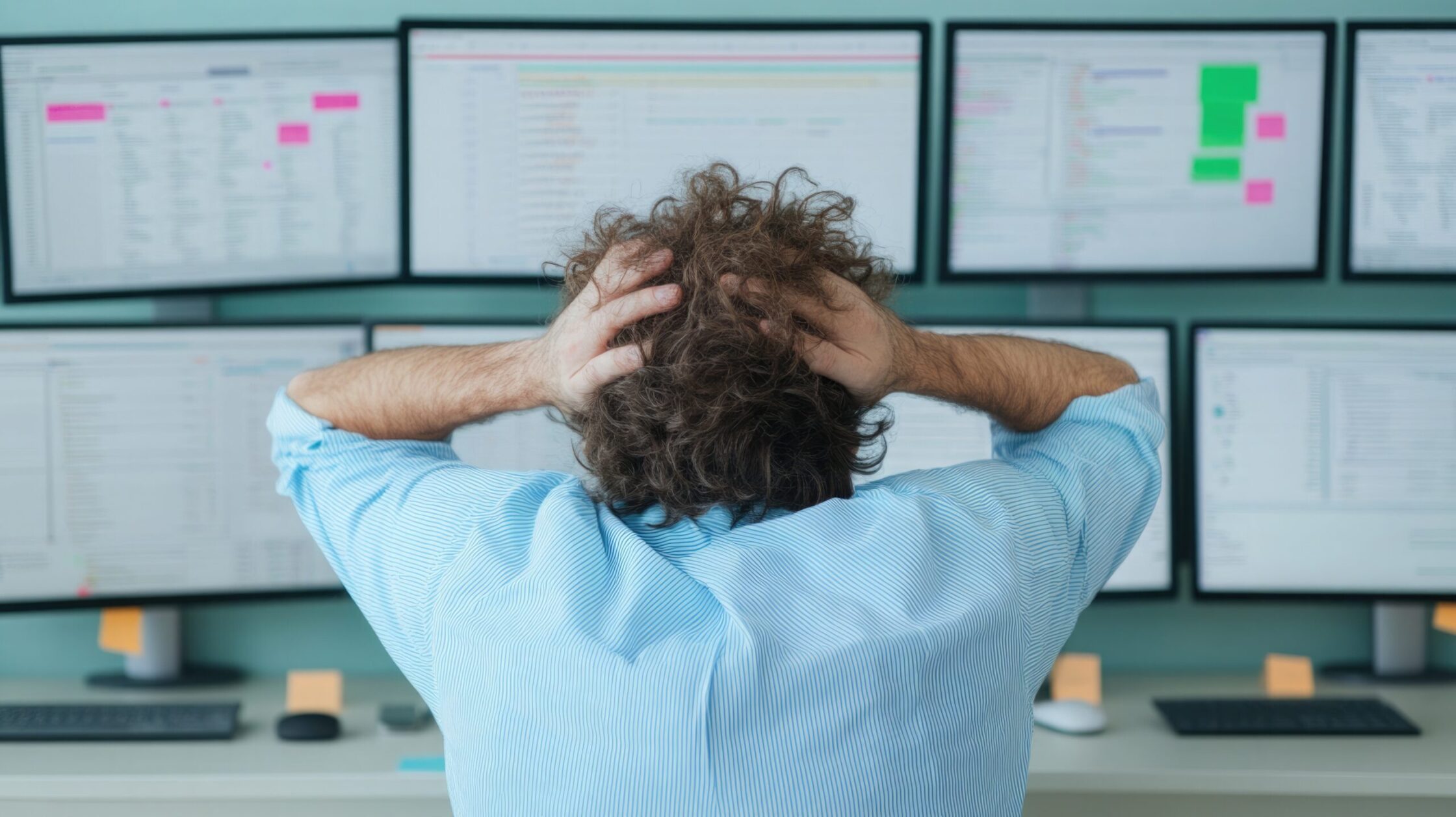 A person appears fatigued in front of multiple screens emphasizing the impact of social media fatigue in the digital age