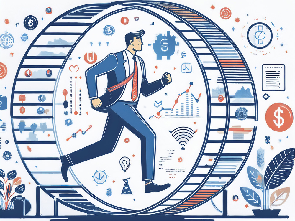 Illustration of executive on a hamster wheel