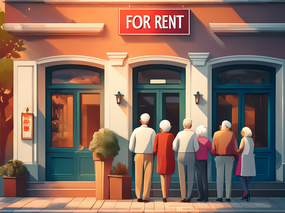 Illustration of senior citizens standing in front of building