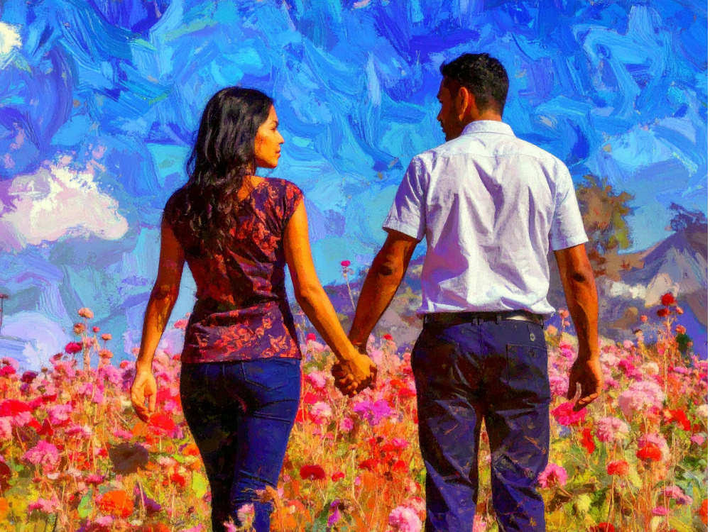 image of couple walking through a field
