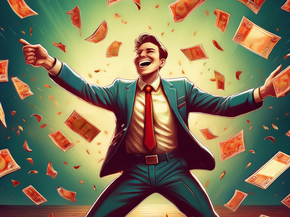Illustration of man dancing while money falls from the sky