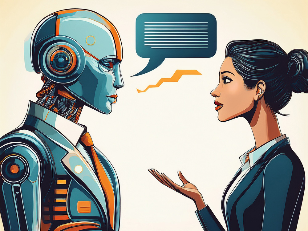 Illustration of robot talking to woman