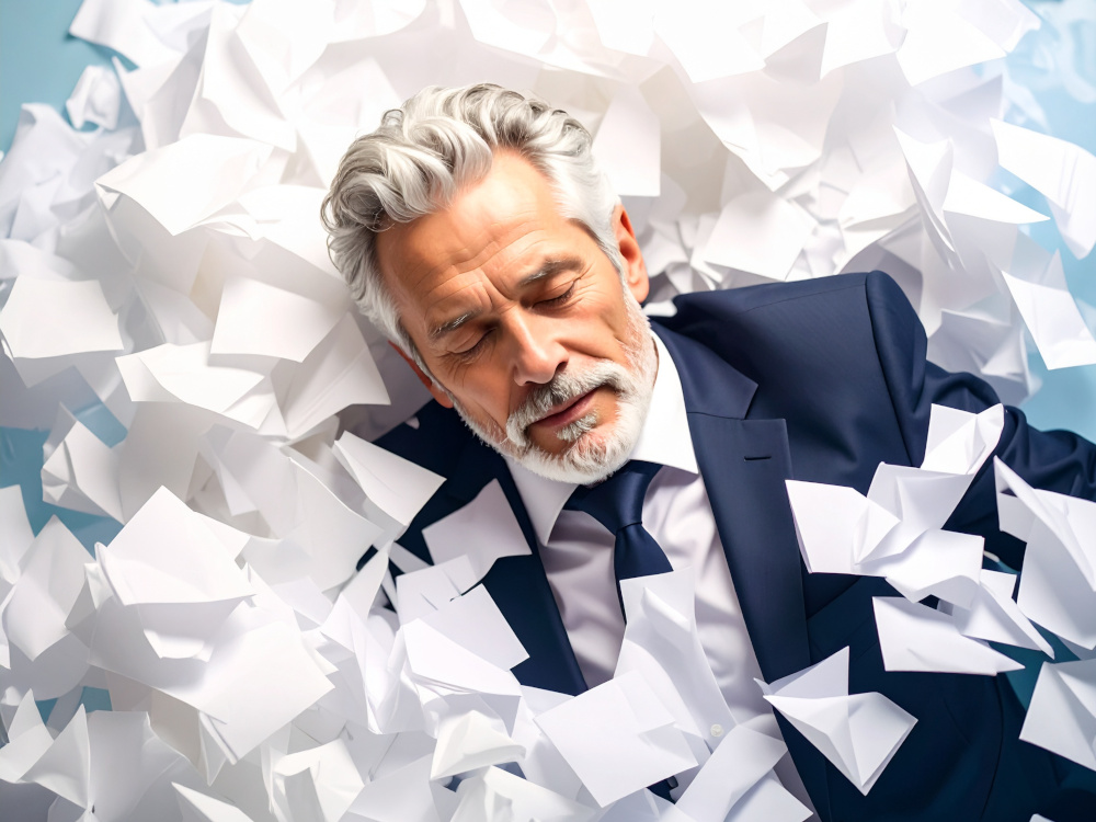 Illustration of older gentleman drowning in paper in his office.