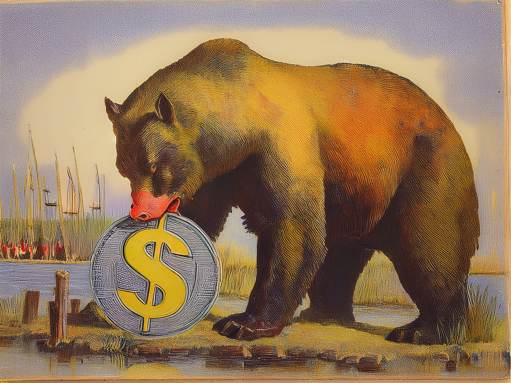 An image of a bear sniffing a U.S. dollar symbol. The U.S. dollar has turned in one of its worst performances in decades so far this year, but the outlook for its valuationa and for its status as the world's de facto reserve currency remains unclear.