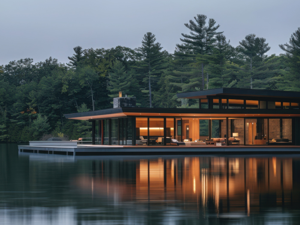 Photo of a contemporary cottage on a lake.
