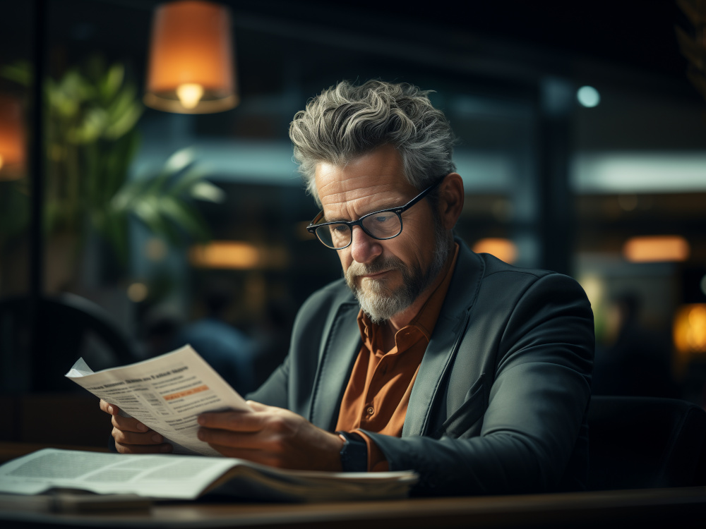 Business man in his 50s at a desk looking at papers