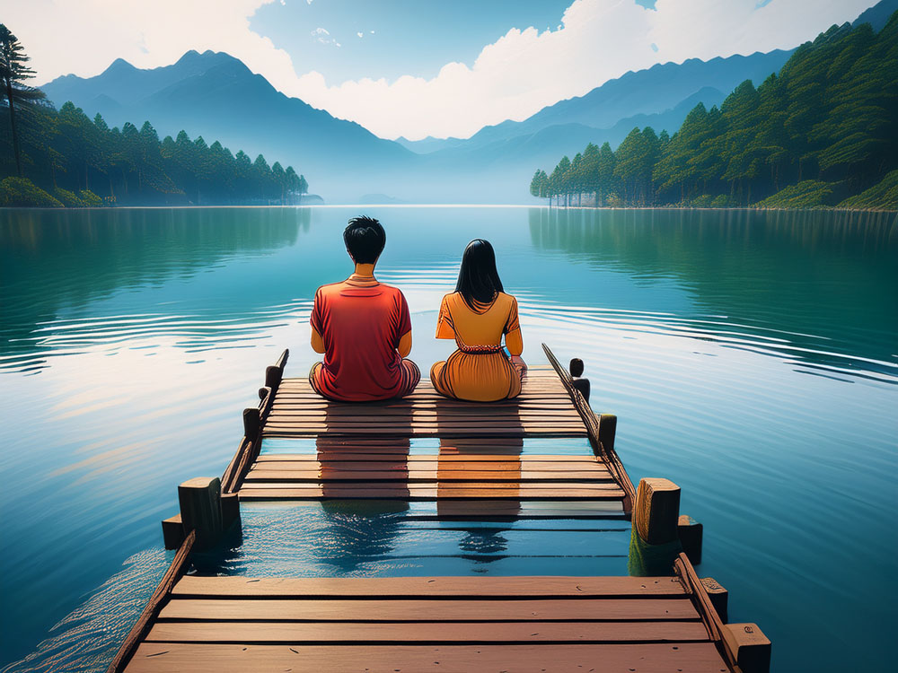 Illustration of a couple sitting on a sinking dock