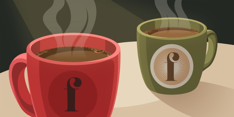 Illustration of two steaming coffee mugs on a table, symbolizing a casual conversation about entrepreneurship. The red mug features the Financial Pipeline “f” logo, while the green mug shows a cartoon portrait of John Carswell, founder of Canso Investment Counsel Ltd. The image sets the tone for an insightful discussion on what aspiring entrepreneurs should consider before starting their journey.