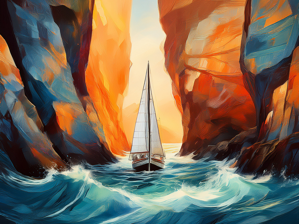 An illustration of a boat navigating choppy waters between two cliffs. The image represents the difficult journey investors face when corporate bond spreads are so tight, meaning the are not being paid much for the risk they are taking on.
