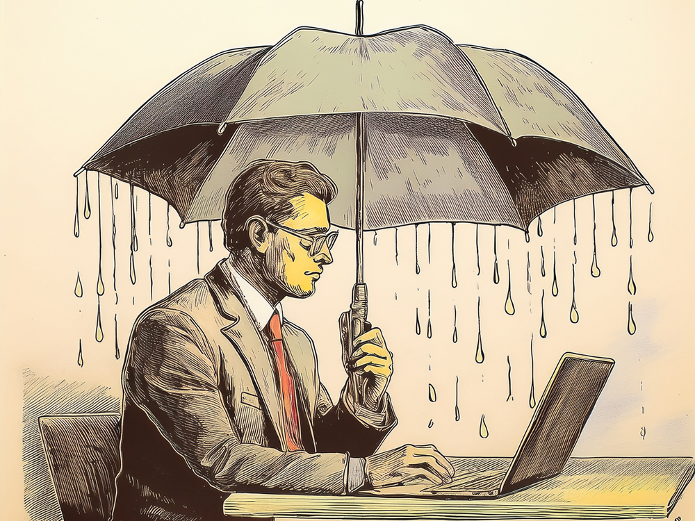 An illustration of an executive working on a computer under an umbrella, representing the need and the limitations of cyber insurance.