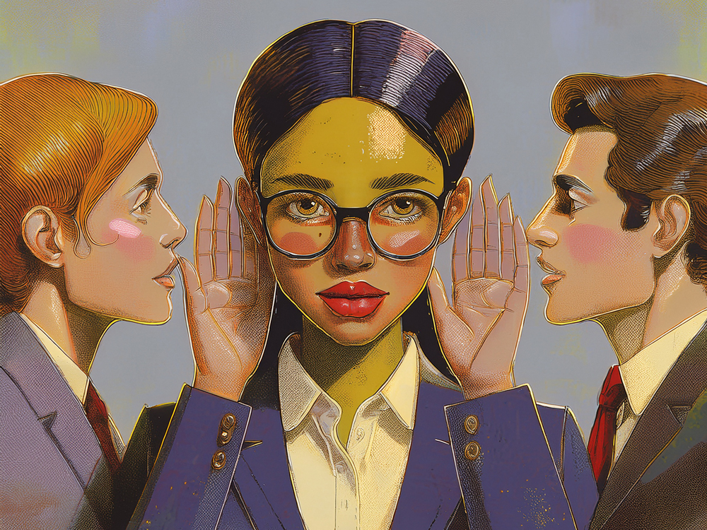 An illustration of two people whispering in a female executive's ear, representing the spread and the dangers of misinformation in the digital age.