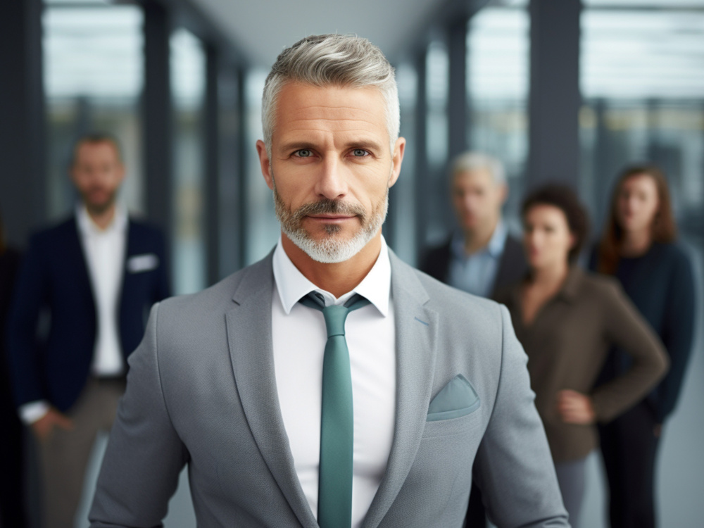 Picture of an older business man with his children behind him
