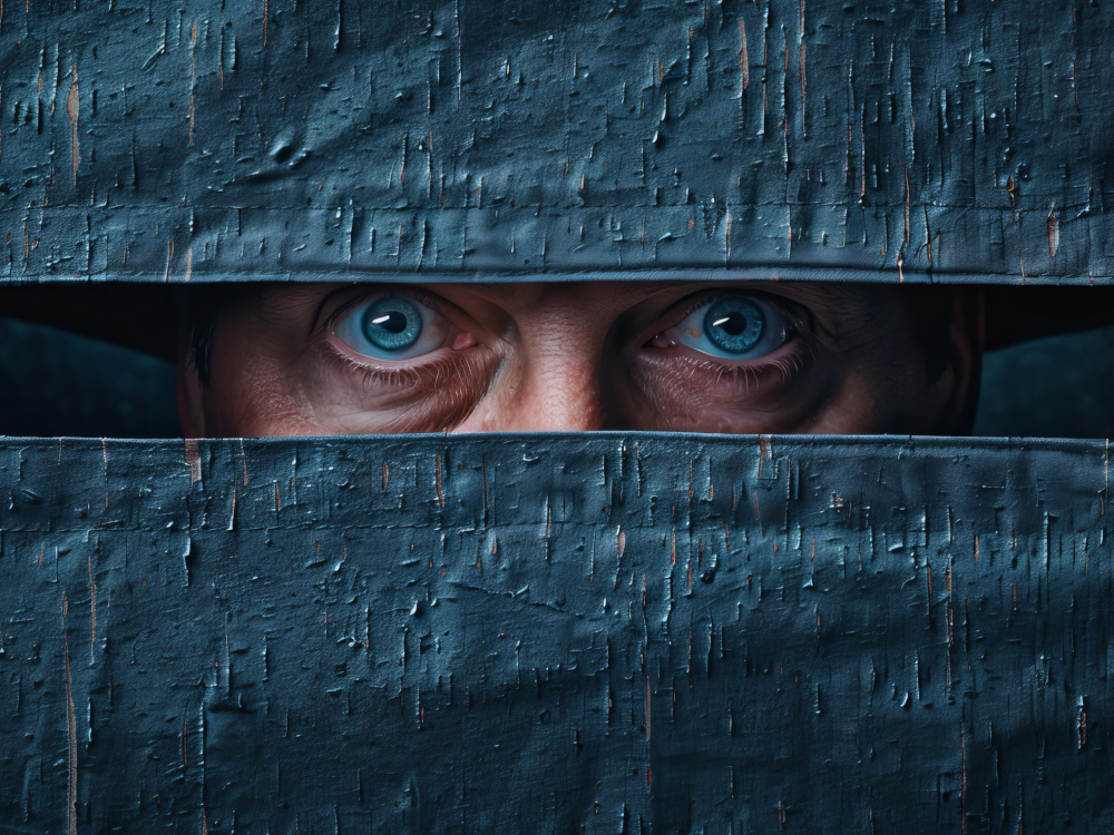 Photo of creepy man looking through hole in cloth