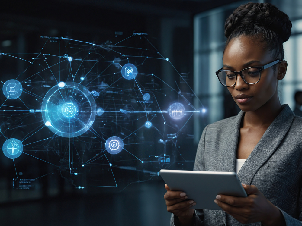 Photo of office worker using computer AI tools.