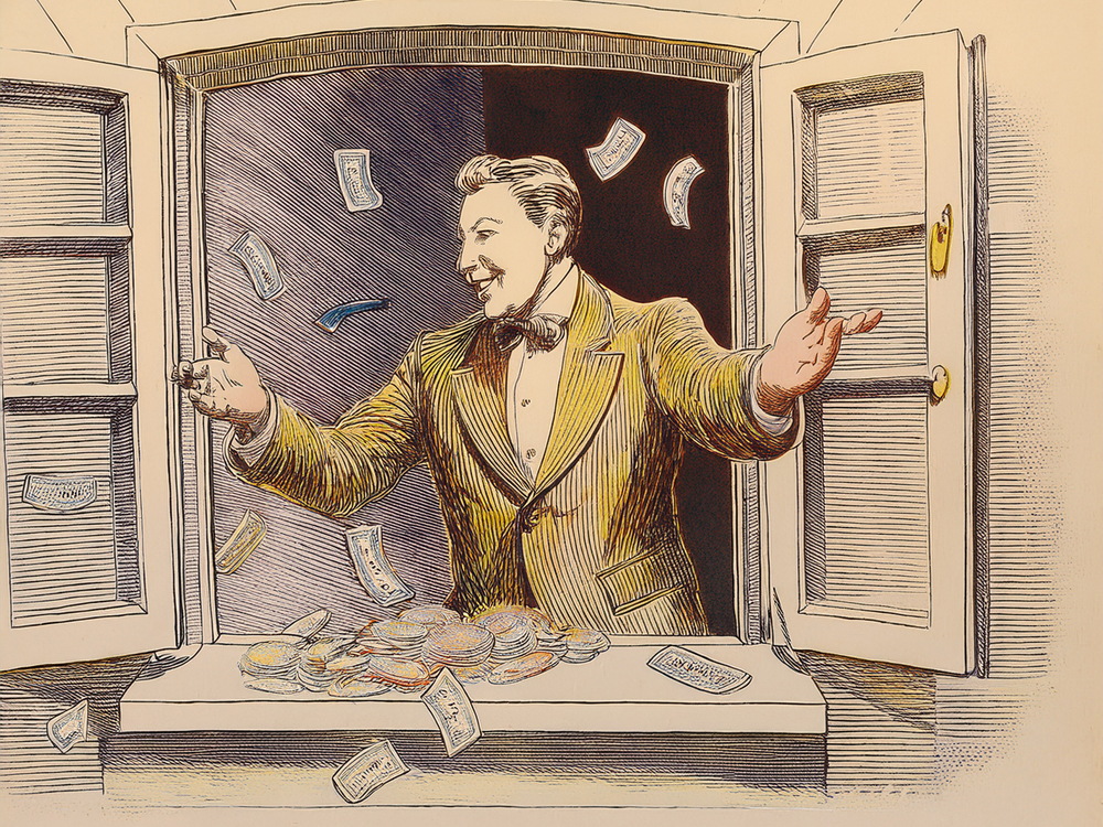 An illustration of a wealthy man throwing money out a window, illustrating the story theme about best practices for private charitable foundations to give money away