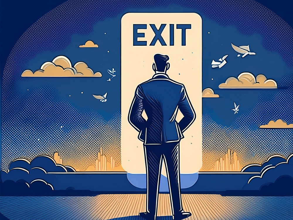 Illustration of an investor standing in front of an exit sign, representing the boom in private equity secondary funds as LPs and GPs look for an exit