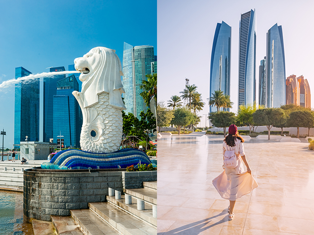 The skylines of Singapore and Abu Dhabi, UAE, showing two areas where governments are offering incentives in the global competition for family offices