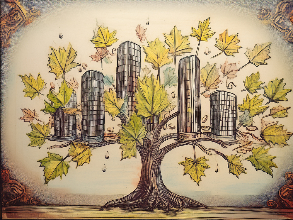 An illustration of a maple tree sprouting office towers, symbolizing the health of the Canadian commercial real estate market compared with the U.S.