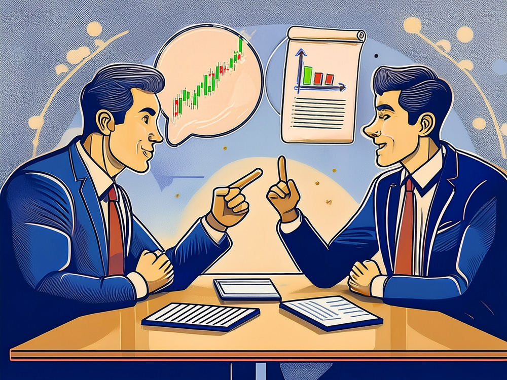 An illustration of two executives having an animated conversation, representing the debate over alternative investments