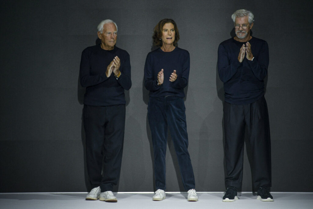 Photo of Fashion designer Giorgio Armani, Silvana Armani and Leo dell'Orco during the Emporio Armani Ready to Wear Spring/Summer 2022 fashion show as part of the Milan Fashion Week ini 2021 in Milan, Italy. Armani's will has raised questions in estate planning about how much control founders should try to maintain after their death.