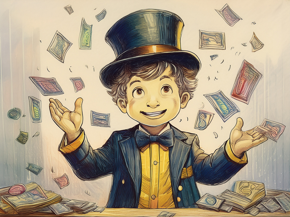 A cartoon of a child and wads of cash, illustrating the rise of inheritors in modern society and the decline of meritocracy