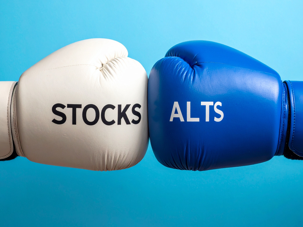 Illustration of two boxing gloves, one labelled "stocks" one labelled "alts"