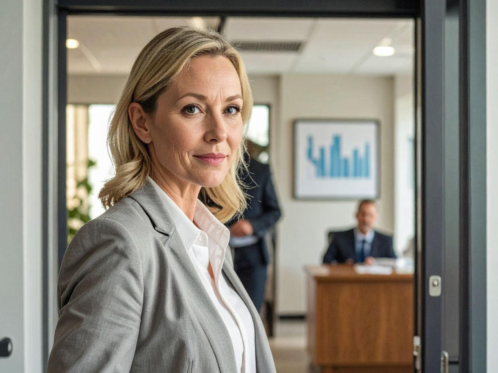 A woman is pictured leaving her financial advisor's office