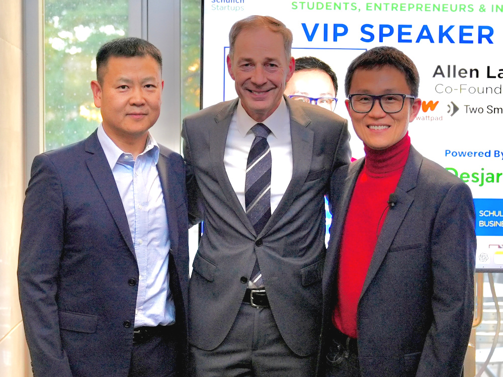 Photo of Robert Guo, president of Sixty Degree Capital, Detlev Zwick, dean of the Schulich School of Business, and Allen Lau, co-founder and operating partner of Two Small Fish Ventures.  