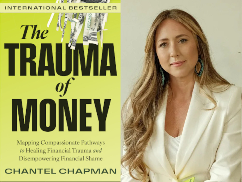 Photo showing author Chantel Chapman, and her book, The Trauma of Money