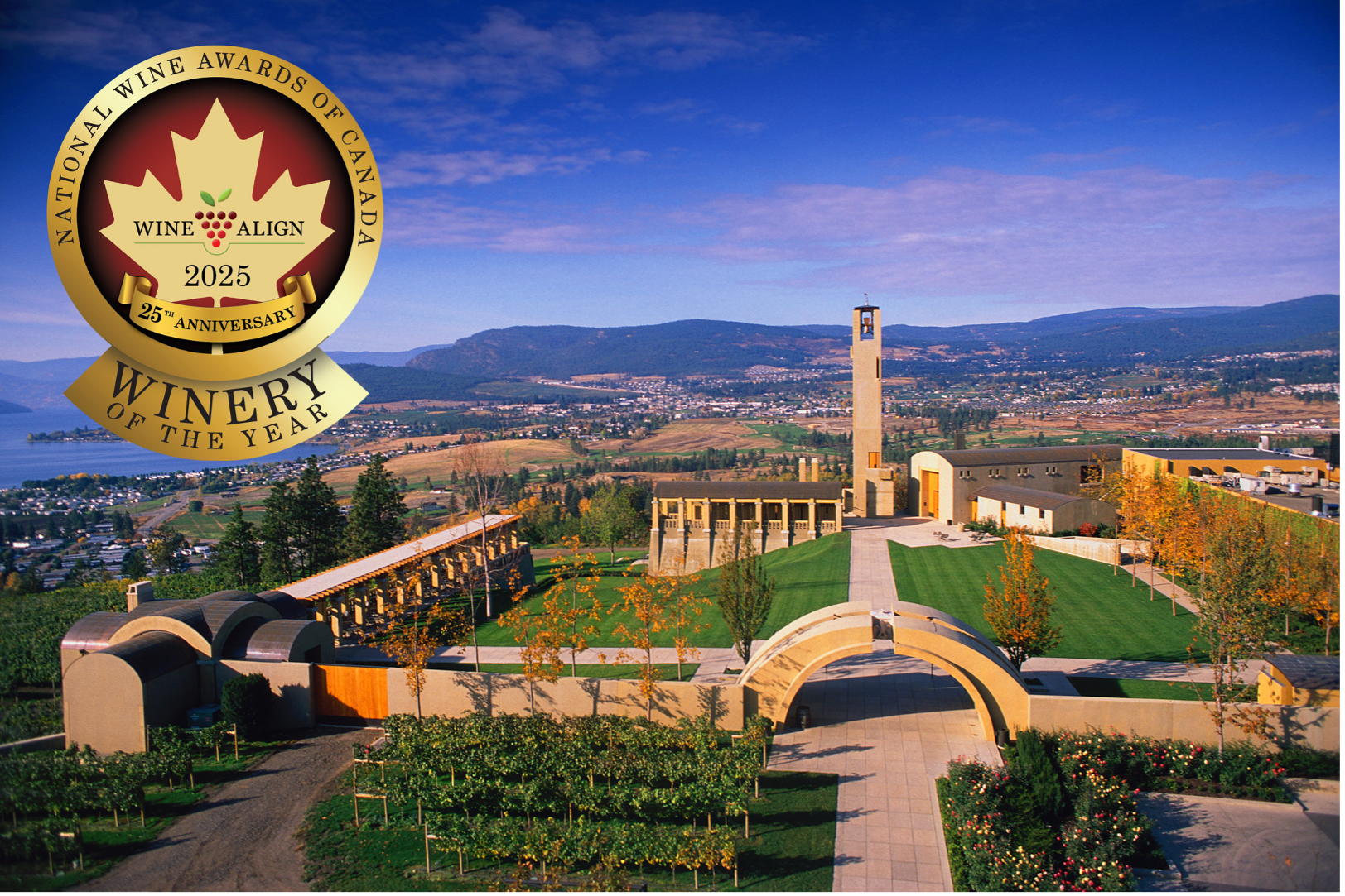 Photo of Mission Hill Family Estate, in B.C.'s Okanagan Valley, which took home Winery of the Year honours at the 2025 WineAlign National Wines Awards of Canada. Mission Hill tops the list of sommelier John Szabo's Ten Best Wineries in Canada.