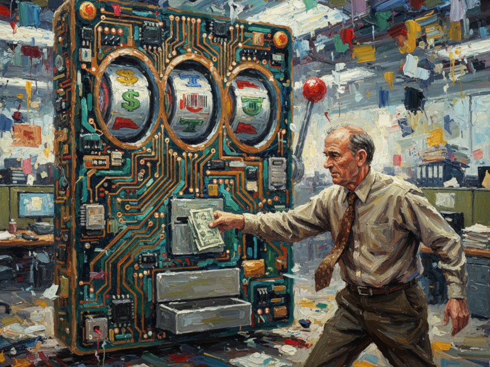 Image of a giant slot machine with man putting money in