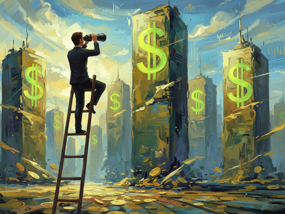 Image of a man surveying a group of buildings with binoculars.