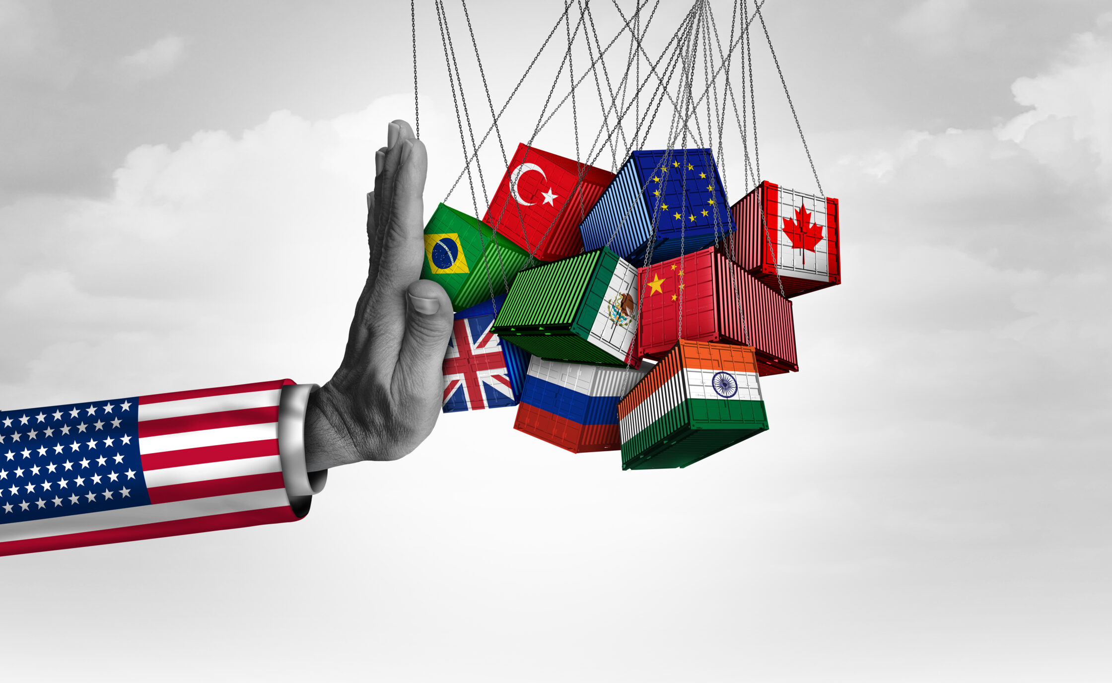 An illustration of Uncle Sam keeping foreign imports away, representing the hardening of U.S. trade policy and the imposition of global tariffs