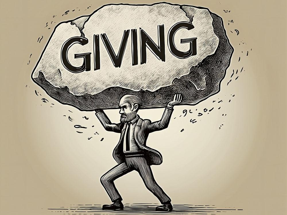 An image of an elderly executive holding up a stone that says "Giving," illustrating the increased responsibility of older, wealthy Canadians to fund charities