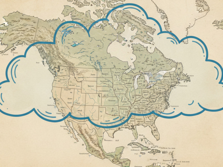 Map showing big white cloud over the U.S. and Canada.