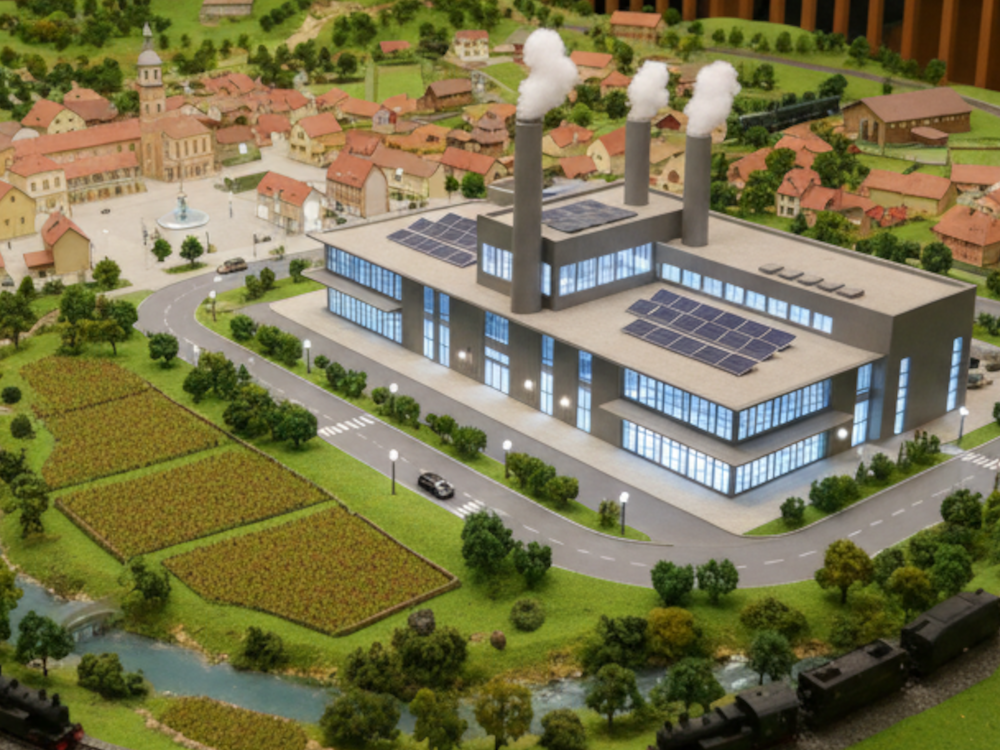 Image of a factory (family business) sitting next to a small town