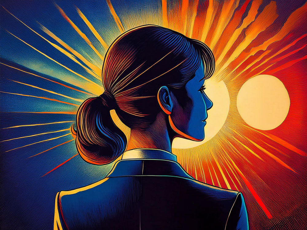 An illustration of a woman looking at two suns, representing a new year for Canadian Family Offices