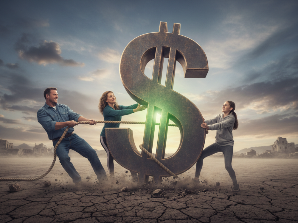 Illustration of a family fighting over a giant dollar sign