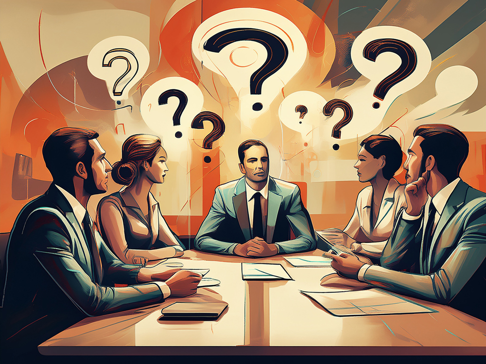 An illustration of foundation directors sitting at a boardroom table with question marks above their heads. The image is for an article that addresses common myths and misconceptions about private foundations in Canada.