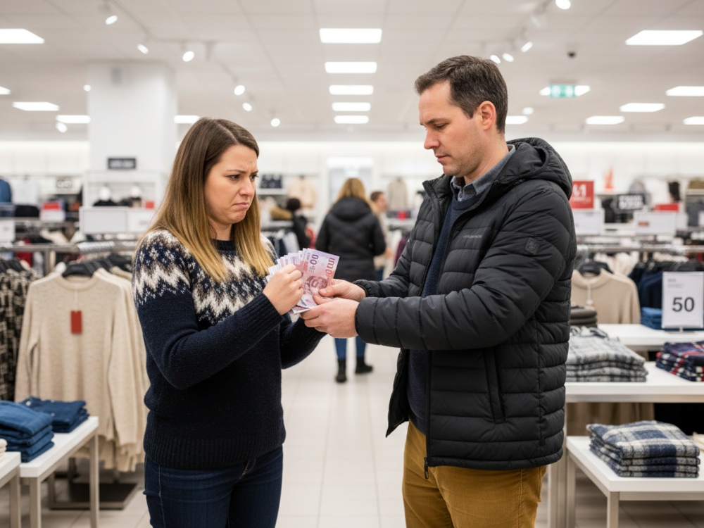 A couple shown arguing about money in a store