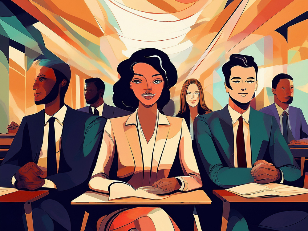 An illustration of executives sitting in a classroom. The article is about Canadian Family Offices new special report on education in family office and family enterprise.