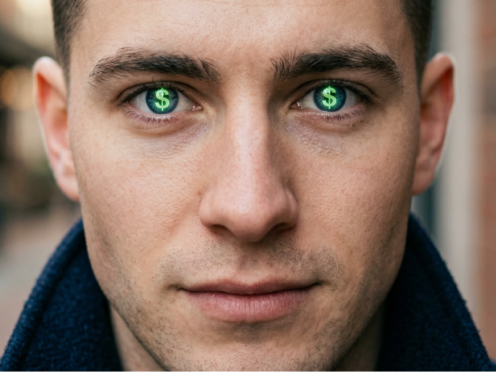 Photo of a young man with dollar signs in his eyes