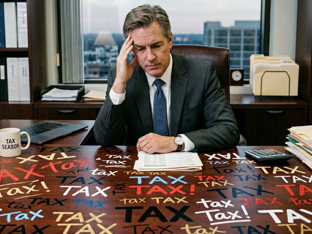 Illustration of man sitting at desk looking at tax documents