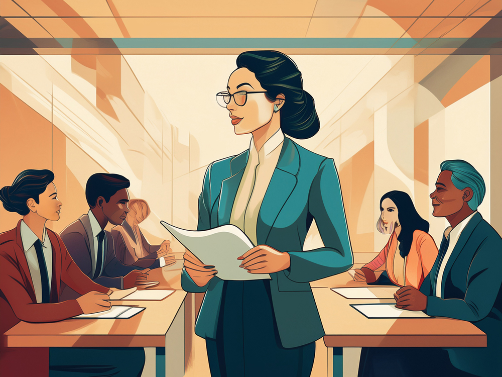 An art image of a teacher addressing a classroom of executives, illustrating the growth of and need for family office and family enterprise education in Canada, which is lagging behind its global counterparts
