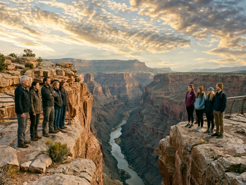 Image of older family members on one side of a canyon, and younger members on the other