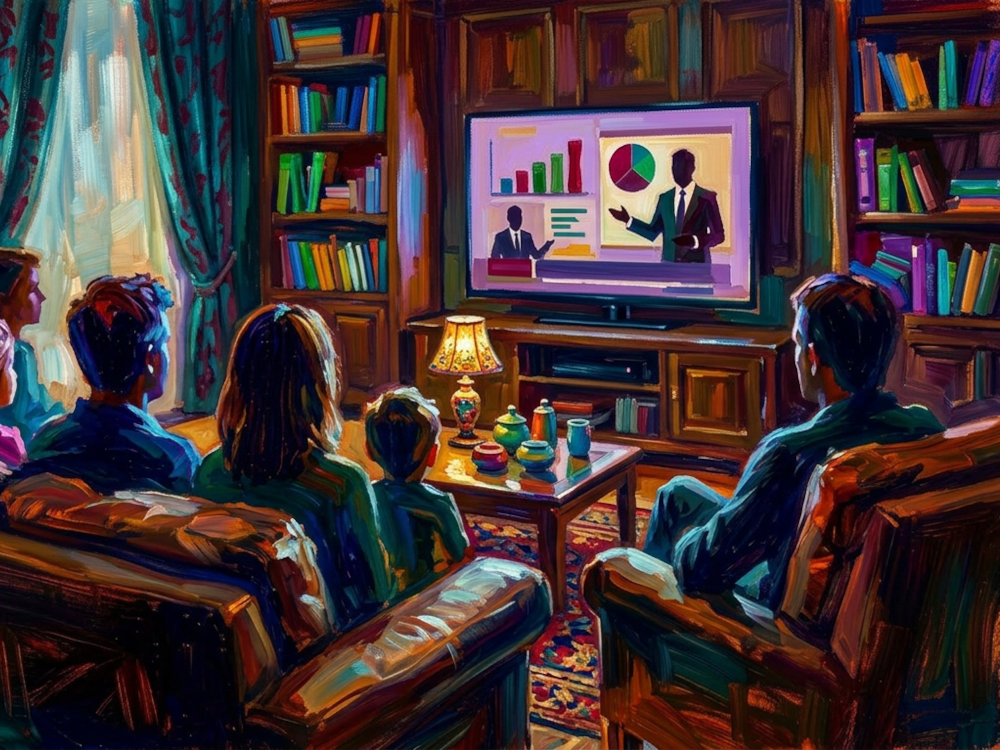Image of a family watching a video in the living room
