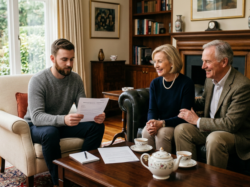 Image of older parents giving their son a financial gift.