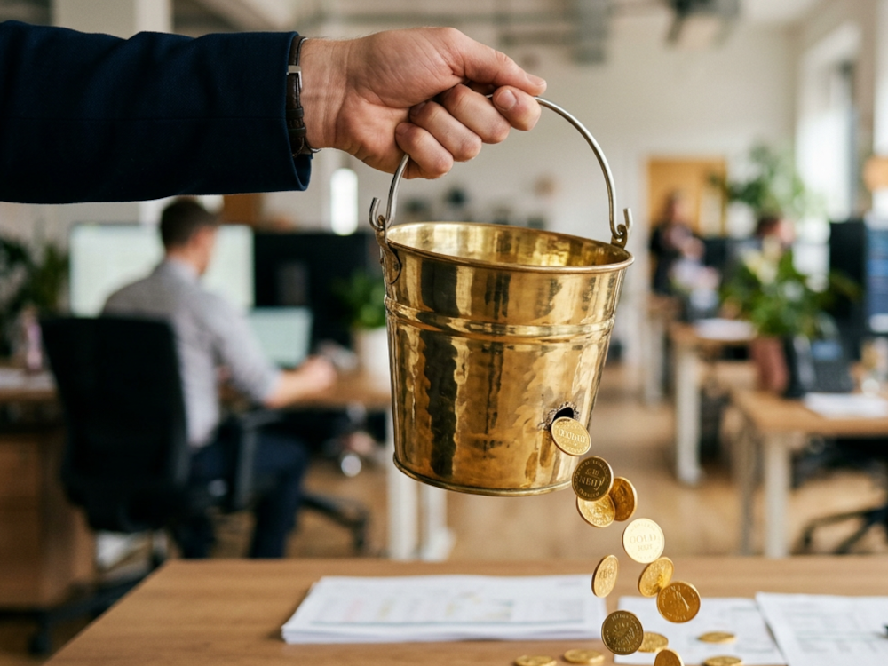 Photo illustration of a bucket leaking money through a hole